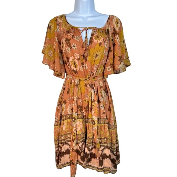 Spell & the Gypsy Collective Buttercup Mini Dress Sunrise Caramel Belted Small - Picture 5 of 16